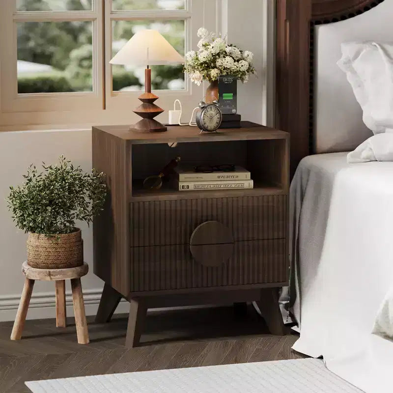 Modern Fluted Night Stand , Wood Nightstand Bedside Table End Table , Drawers and Storage Shelf for Living Room Bedroom
