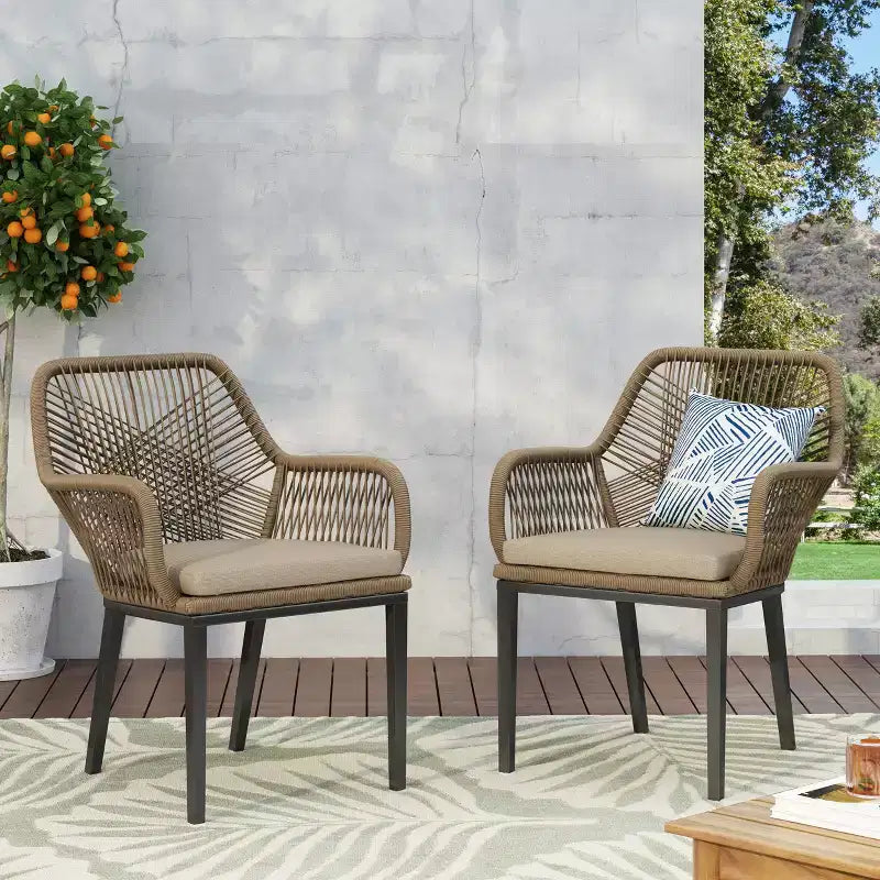Modern Wicker Patio Chair Set of 2, Tub-Style Outdoor Chairs with Water-Resistant Cushions for Garden Porch Poolside