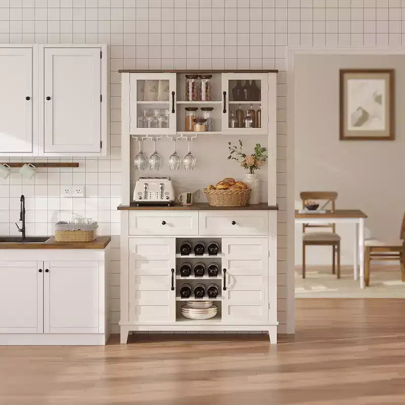 Country Style Versatile Sideboard Storage Cabinet, 2 Glass Doors, 2 Drawers with Glass Holder, Perfect for Kitchen, Dining Room & Living Room