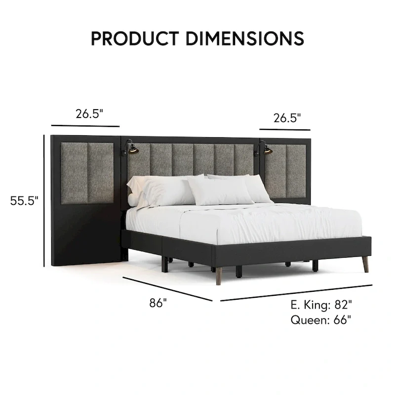 Modern Dark Brown Extended Wall Panel Bed with Reading Lights