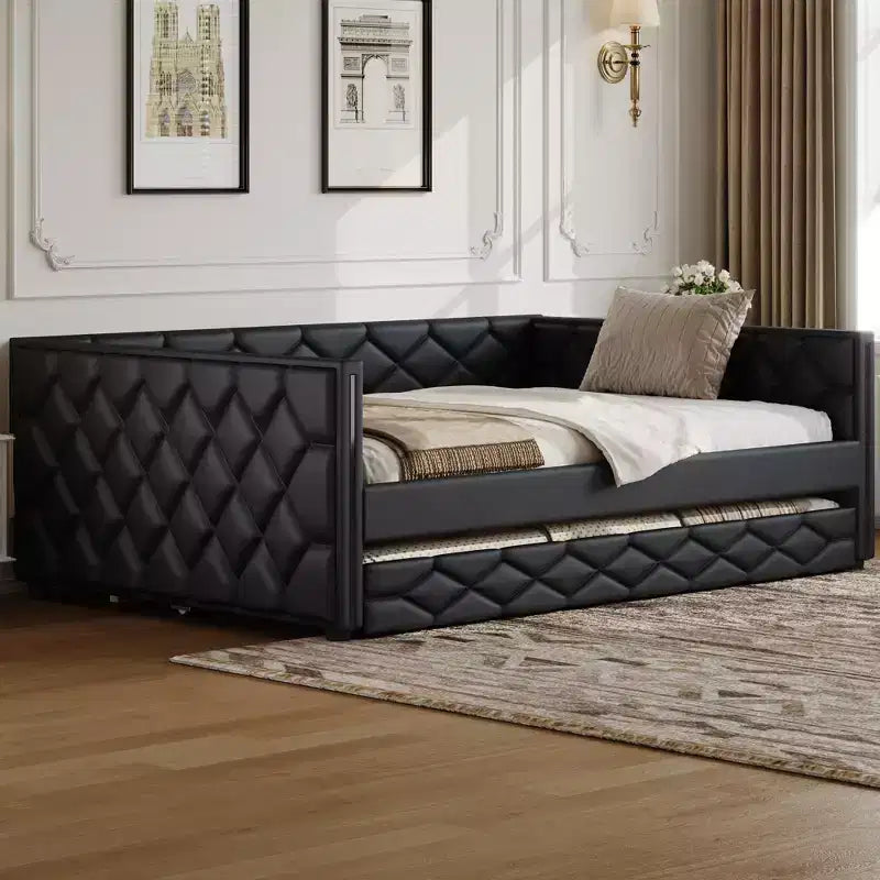Full XL Size PU Leather Day Bed Frame with Trundle, Upholstered Daybed with Armrests, Sofa Bed for Bedroom Living Room