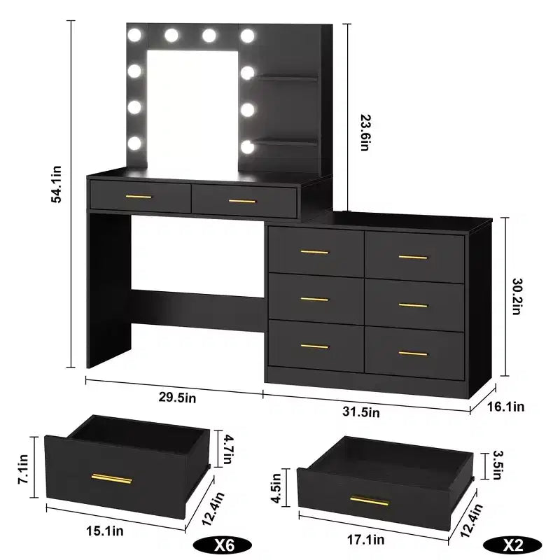 Modern Vanity Desk with Mirror - 8 Large Storage Drawers, 2-Tier Shelves, Makeup Organizer for Bedroom, Elegant Dressing Table for Home Decor