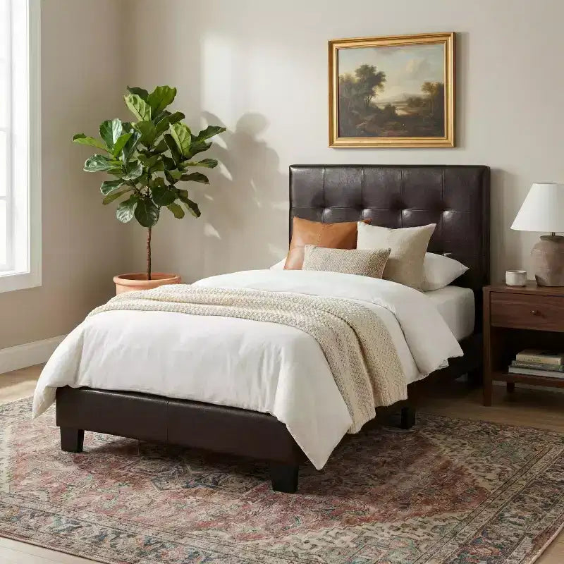 GDFStudio Carter Contemporary Faux Leather Upholstered Platform Bed Frame with Adjustable Headboard