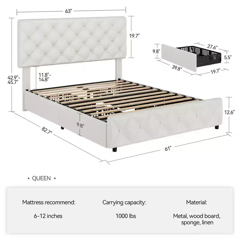 Bed frame with 4 storage drawers  Adjustable headboard  Diamond-quilted linen or faux leather upholstery  No mattress base required