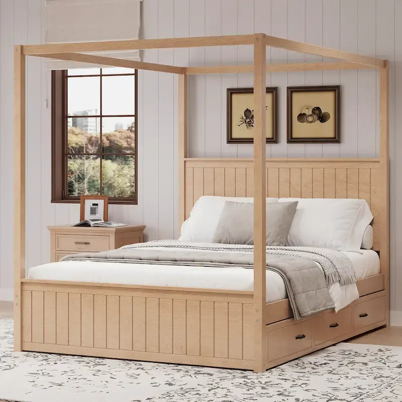 Queen Size Canopy Bed with Trundle and 3 Storage Drawers