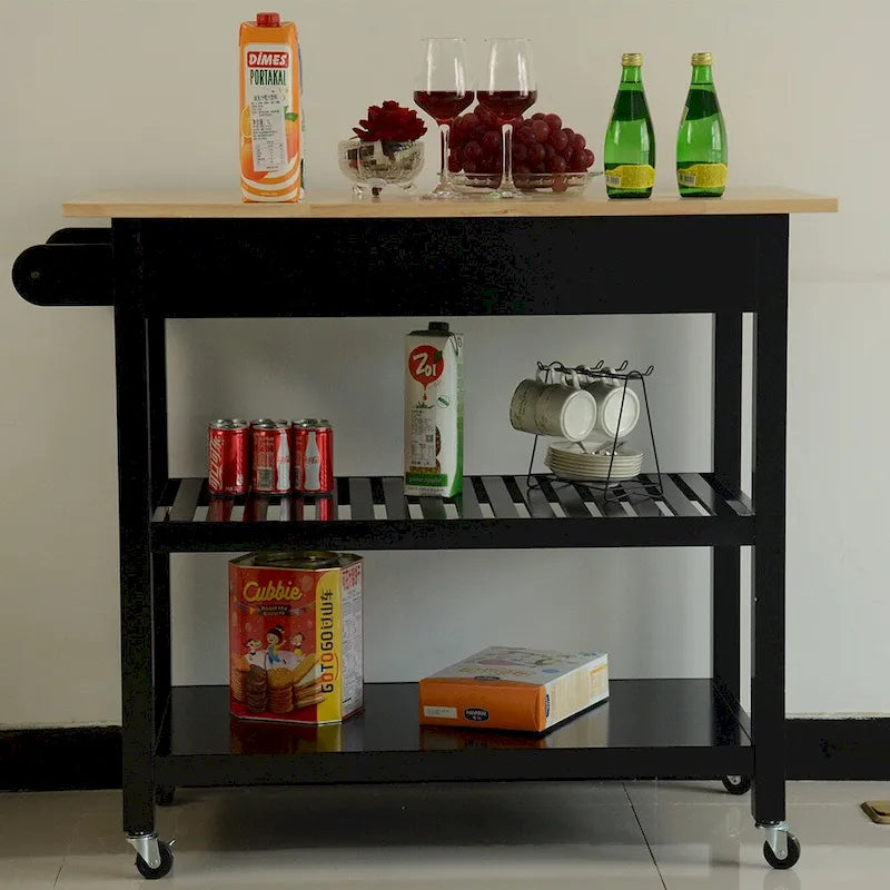 Rolling Kitchen Cart with Natural Wood Top 2 Open Shelves and Towel Rack