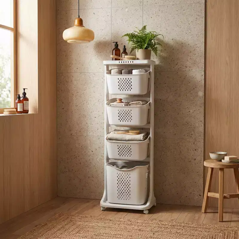 White 4-Tier Rolling Laundry Sorter with Removable Baskets & Wheels, Laundry Storage Organizer Cart for Bathroom Laundry Room