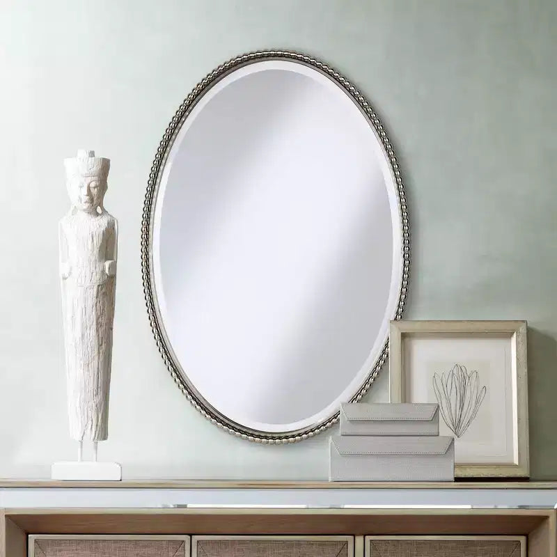 Uttermost Oval Vanity Decorative Wall Mirror Beveled Glass Brushed Nickel Metal Frame 22 Wide for Bathroom Bedroom Living Room