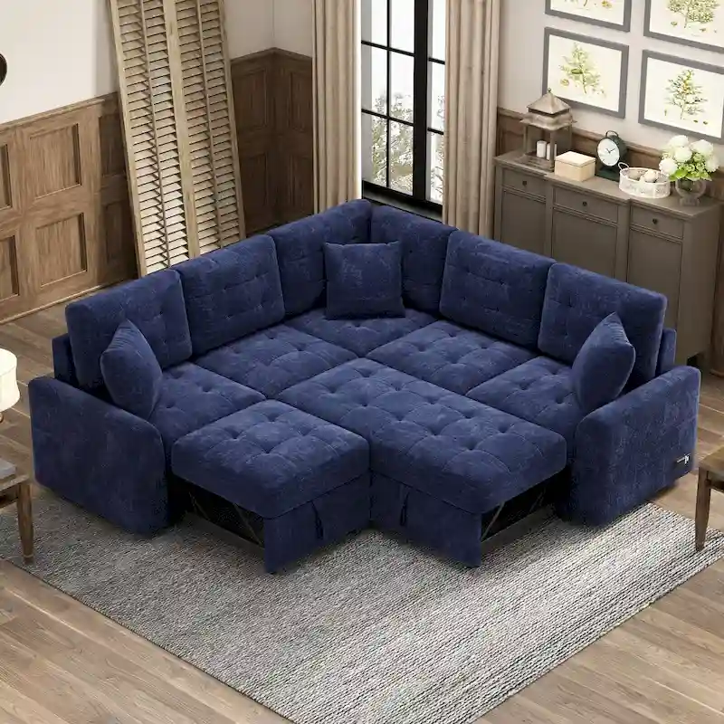L-shape Pull-out Sleeper Sofa with Wheels, USB Ports and Power Sockets