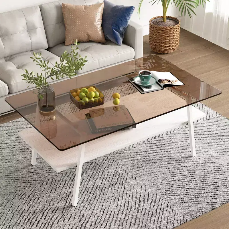 Rectangle Coffee Table with Tempered Glass Top and Metal Legs, Modern Living Room Table