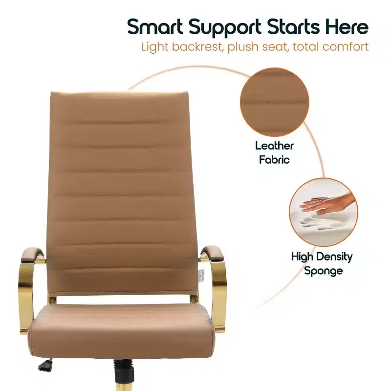 LeisureMod Benmar High-Back Ribbed Leather Office Chair - Modern Swivel & Tilt Executive Desk Chair - Gold Base