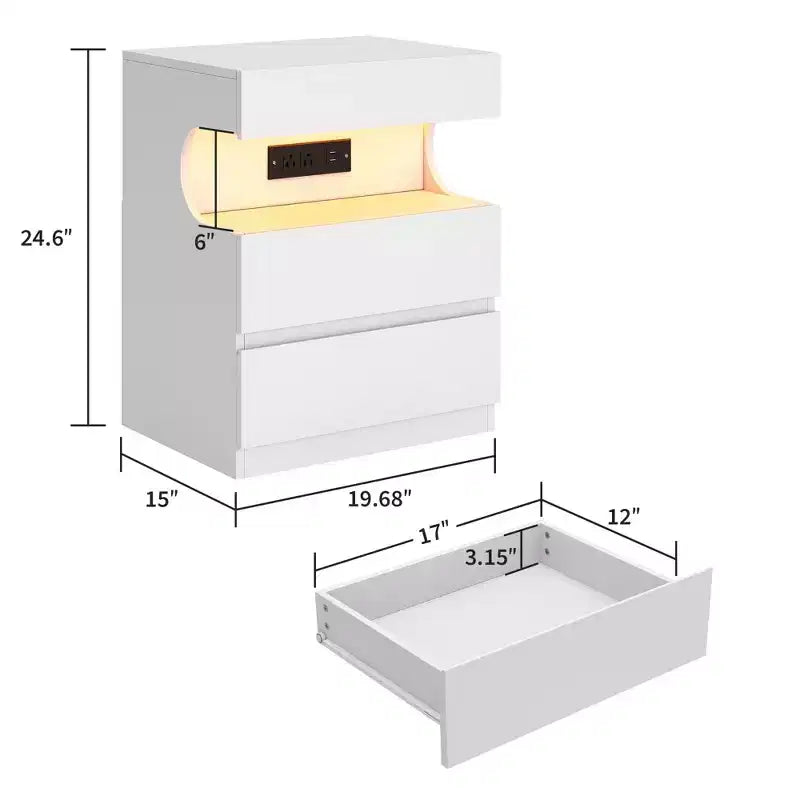 Modern Nightstand with 3 Drawers, 19W Wooden Bedside Table with Charging Station & Open Shelf, End Side Table for Bedroom, Living Room, White