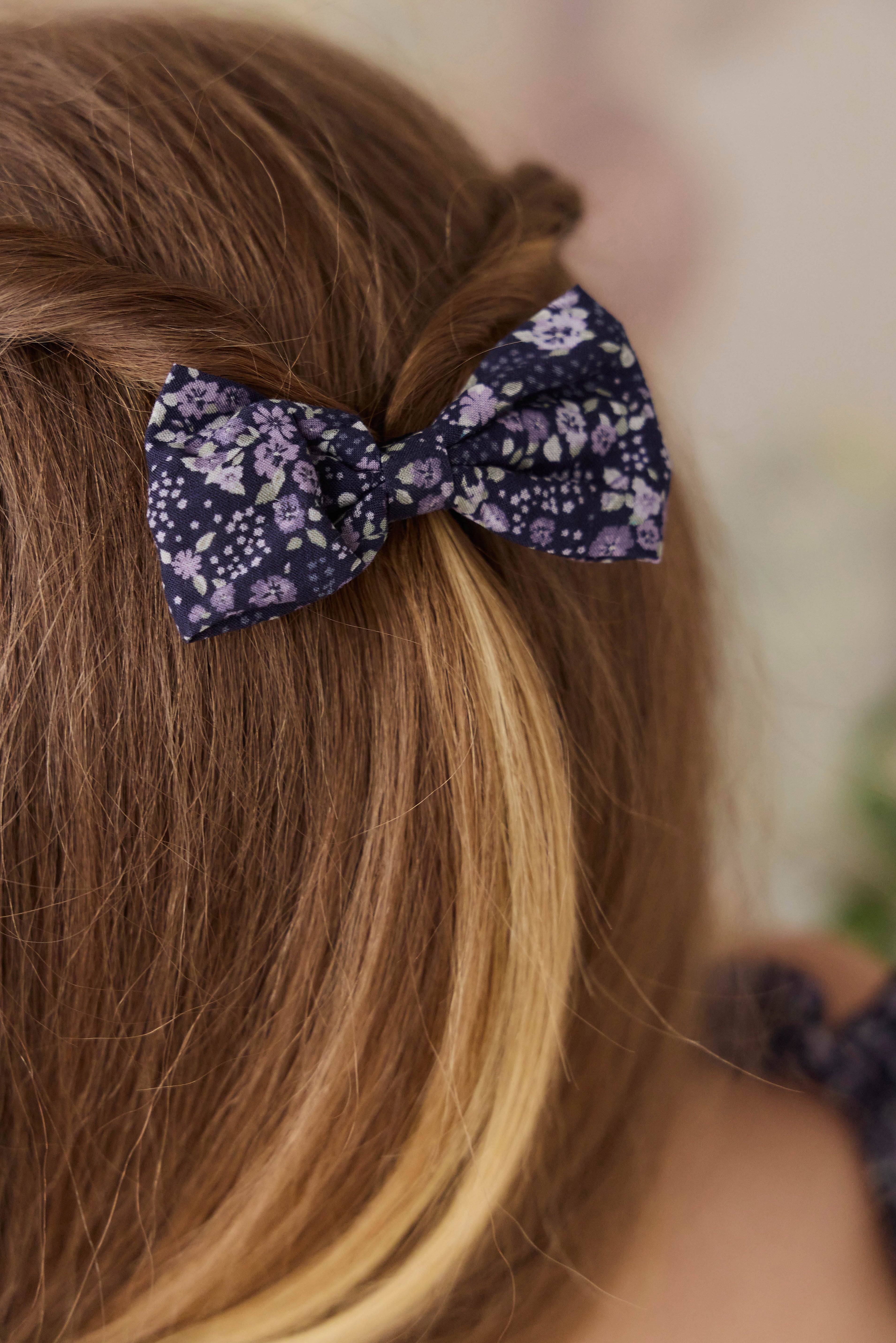 Romantic Deep Violet Floral Print Organic Cotton Hair Bow with Approx. 8cm Wide Refined Cut for Girls Everyday Styling