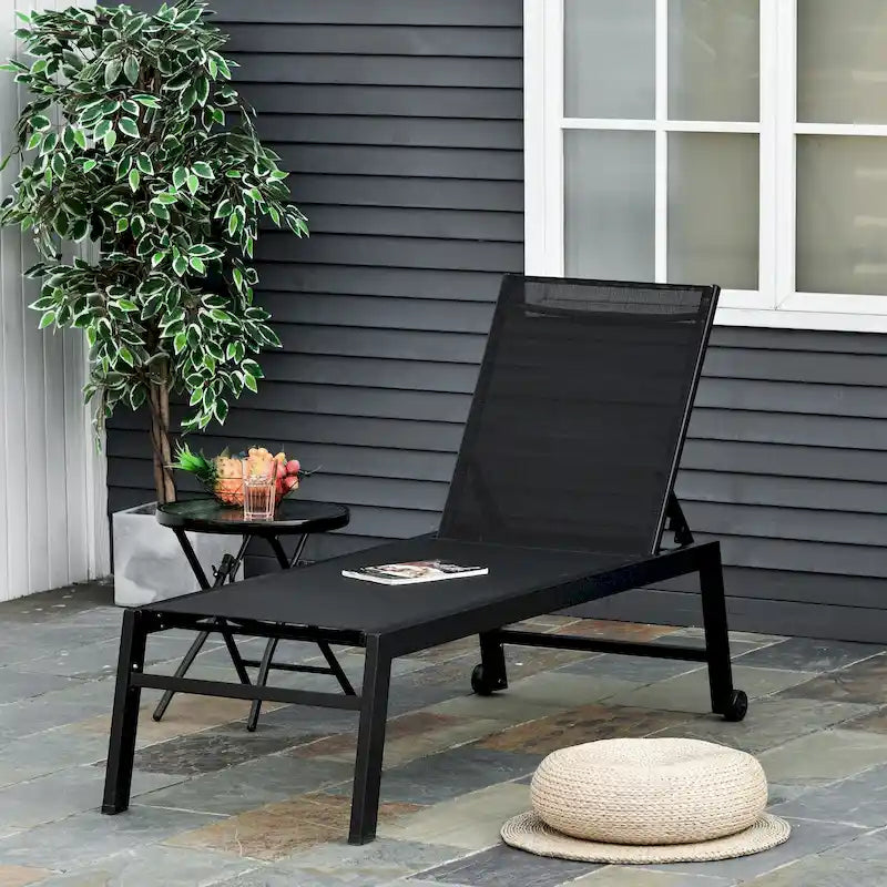 Outsunny Patio Garden Sun Chaise Lounge Chair with 5-Position Backrest, 2 Back Wheels, & Industrial Design