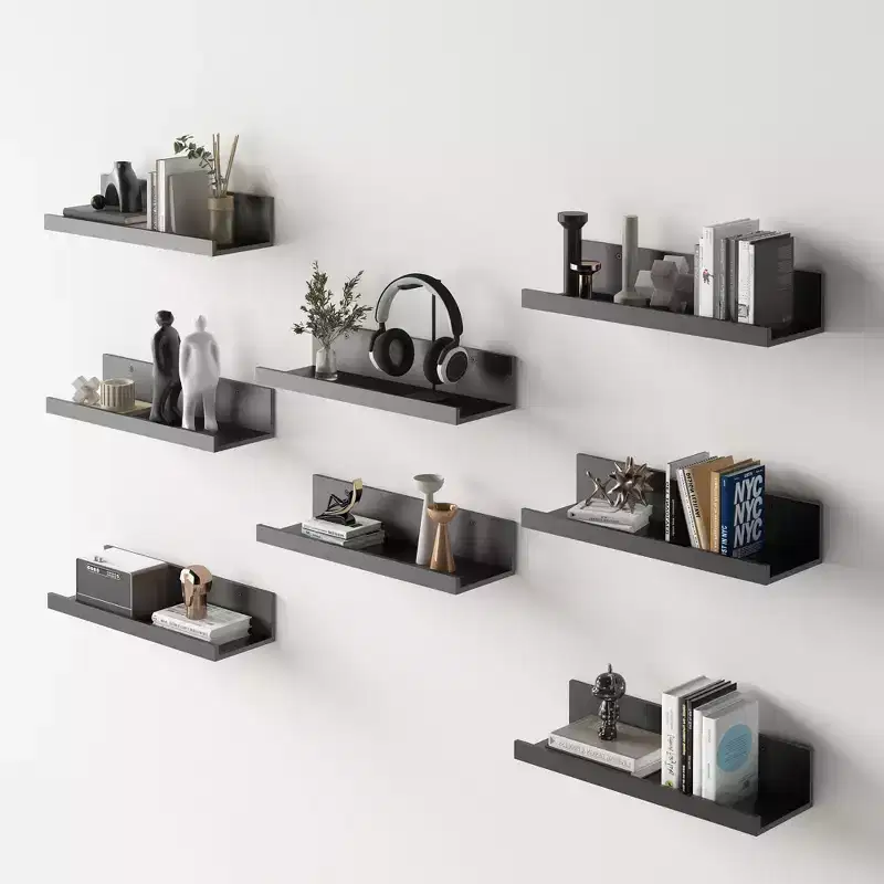 FurnitureR Set of 8 Floating Shelves for Wall, 15.75 Inch Wide Wooden WallMounted Display Ledge Set, Modern Storage Shelves for Bathroom, Black