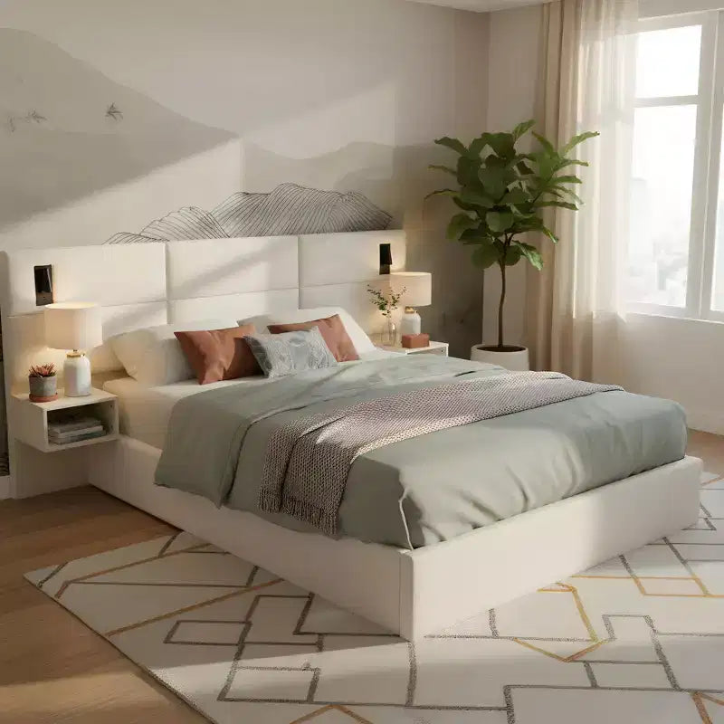 Christopher Knight Home Lili Wooden Chenille Upholstered Platform Bed with Headboard and Reading Lamp