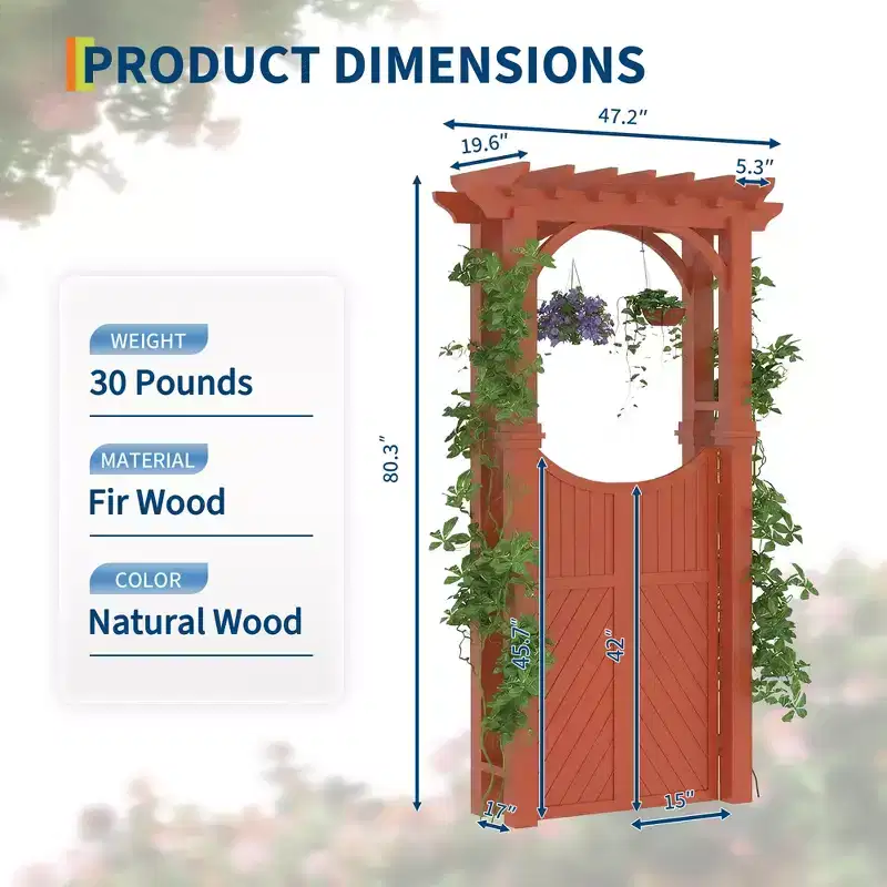 Outdoor Wooden Arch Trellis, Wood Garden Arbor with Gate, Wood Arbor for Climbing Planting Plant Stand, Yard, Garden Decor