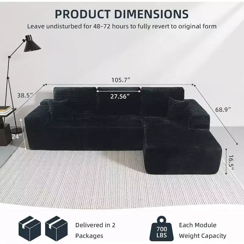MooxvMoo 105 Modular Sectional Sofa with Throw Pillow & Deep Seat for Living Room,Comfy Plush L Shaped Couch with Chaise, No Assembly Required, Black