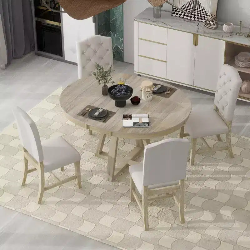 5-Piece Vintage Functional Dining Set, Round Table with 16 Wide Leaf and 4 Upholstered Chairs - ModernLuxe