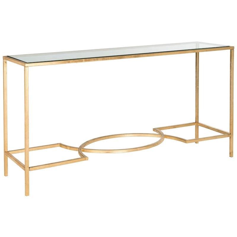 Gold Tempered Glass Console Table with Curved Iron Frame
