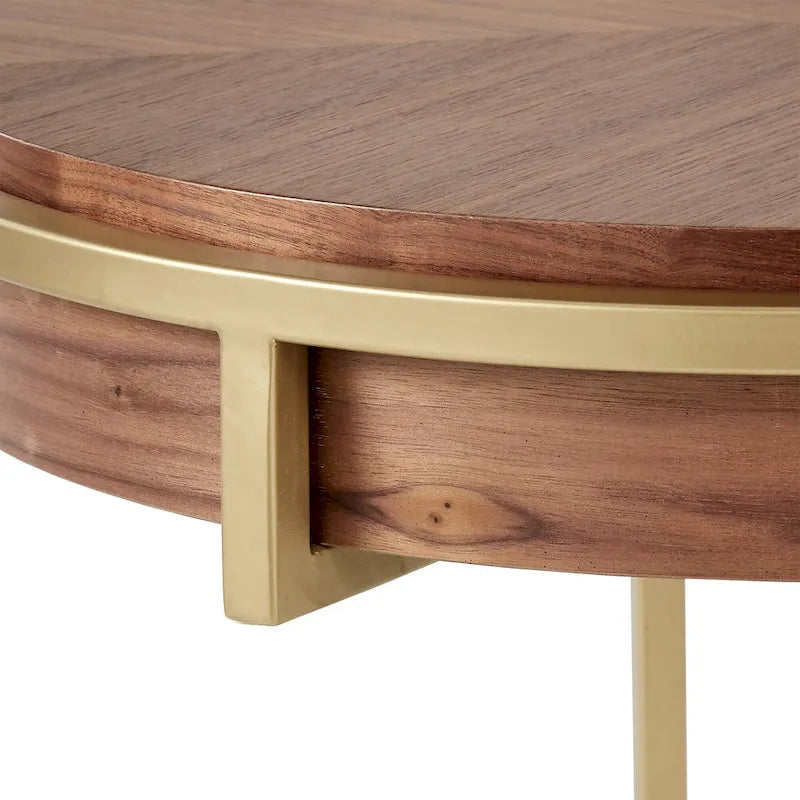 Round Coffee Table with Geometric Walnut Veneer Top and Gold Metal Base