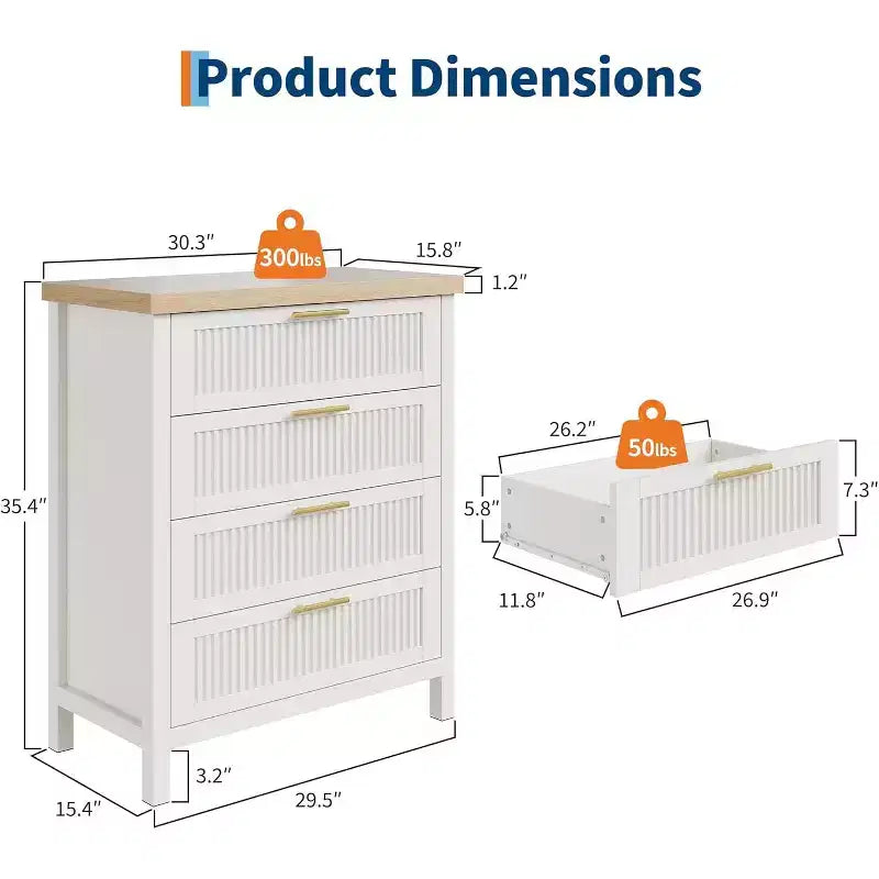 Bedroom Recessed Dresser, Dressing Table Cabinet, 35.4 High Dresser with 4 Drawers with Clothes Storage for Bedroom, Living Room