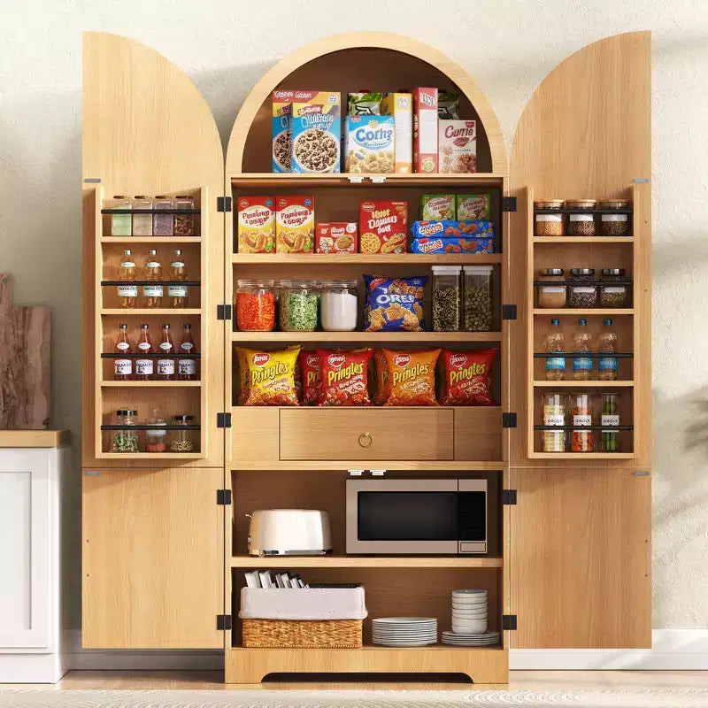 GDFStudio Ayden 72 Tall Arched Design Fluted Kitchen Pantry Cabinet with 8 Door Shelves and 3 Adjustable Shelves