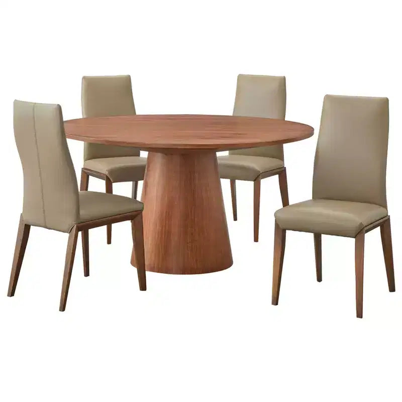 Nelda 5pc 59" Modern Round Dining Set Driftwood Table with Taupe Leather Dining Chairs