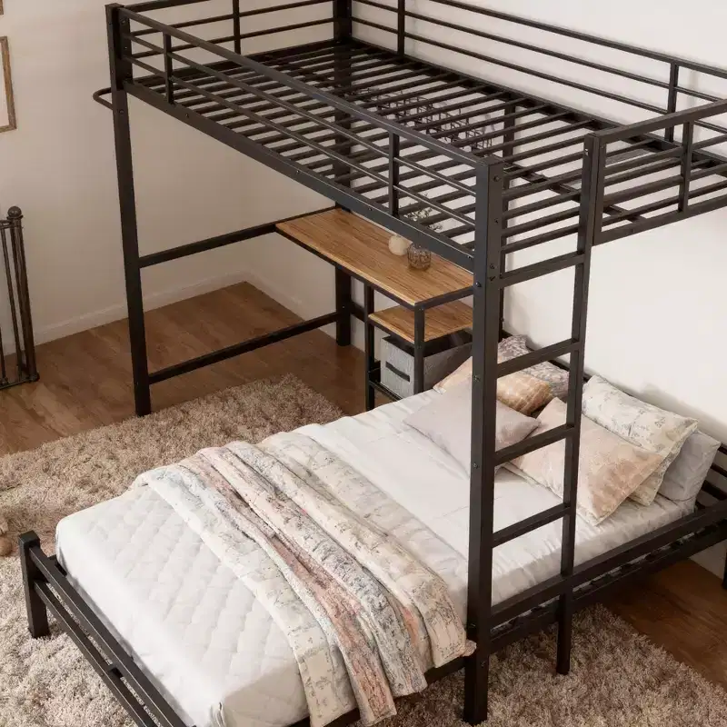 GDFStudio Benson Modern Metal Twin Over Twin L-Shaped Bunk Bed with Desk Station and Drawers