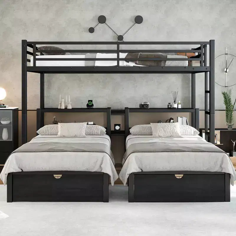 Full XL Over Twin and Twin Triple Bunk Bed with Drawers Multi-functional Metal Frame Bed Bed Head with Shelving and USB Black
