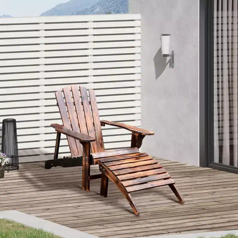 Outsunny Adirondack Chair with Ottoman, Wooden Patio Fire Pit Chair with Footrest & Wide Armrests for Backyard, Garden, Lawn, Rustic Brown