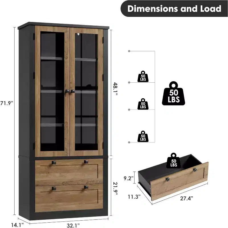Armoire de cuisine de style campagnard avec portes vitrées, placard de rangement de 183 cm avec tiroirs et étagères réglables pour salle à manger, salle de bain ou salon