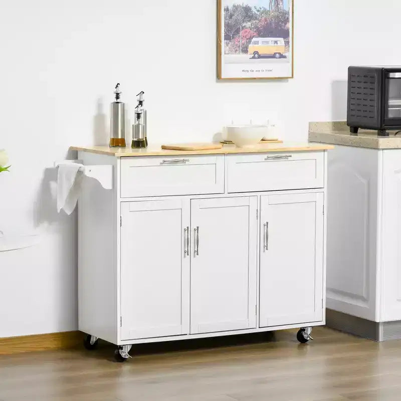 FAMYYT White Natural Wood Top 18 in. Kitchen Island with 2-Storage Cabinets, 2-Drawers, and 4-Lockable Wheels