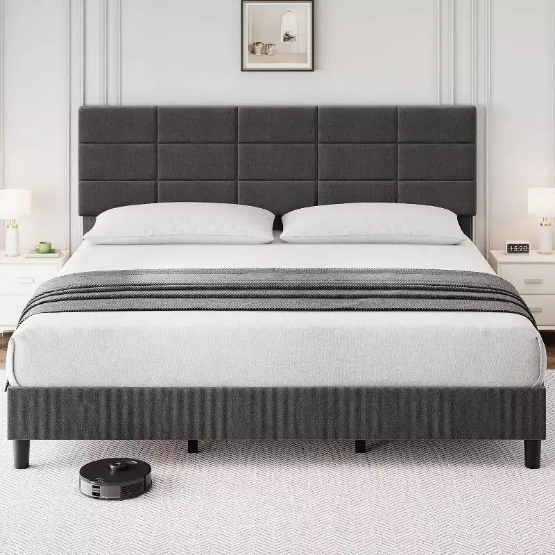 Adjustable Headboard, Metal Frame Bed Frame with Strong Wood Slats and Support Legs, No Box Spring Required, Easy Assembly, Gray, King