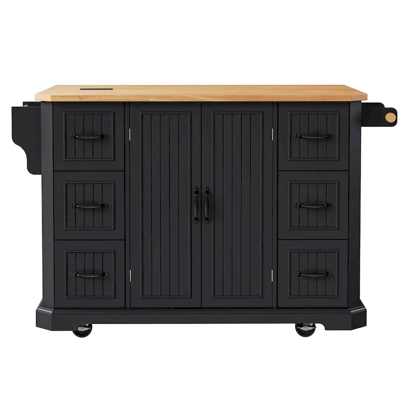 Expandable Drop-Leaf Kitchen Island, Kitchen Cart on 4 Wheels with Power Outlet, Moveable Island Table with 2 Door & 6 Drawers