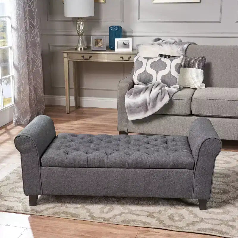 Okak Modern Storage Bench with Padding Seat and Armrests, Storage Ottoman with Wooden Legs, End Of Bed Bench for Living Room, Bedroom
