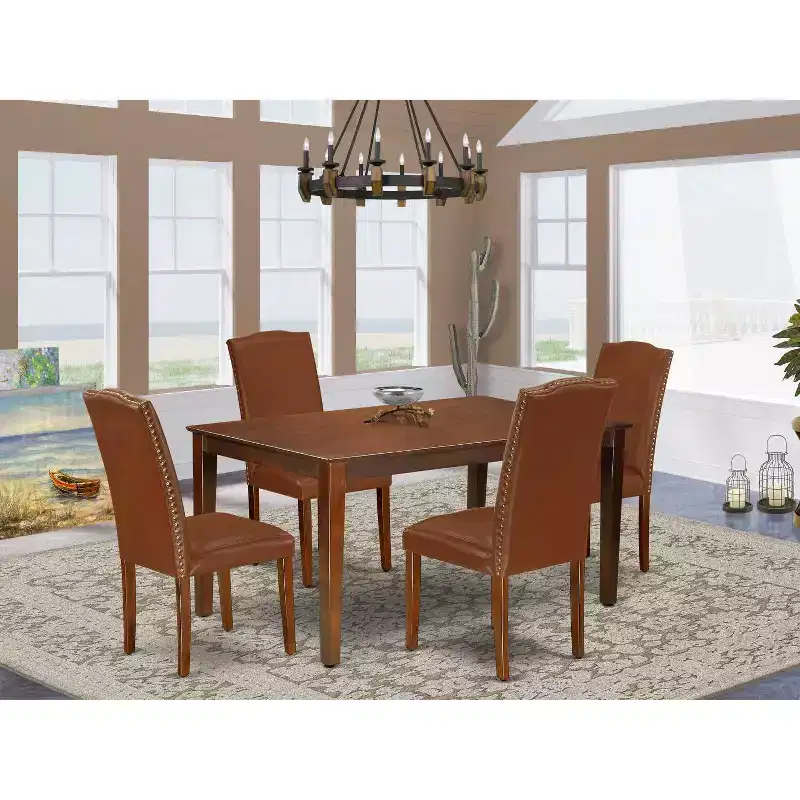 Tuscan Dining Set - Rectangle Table & 4 Chairs - Brown Faux Leather - 60 Table - Home Stock