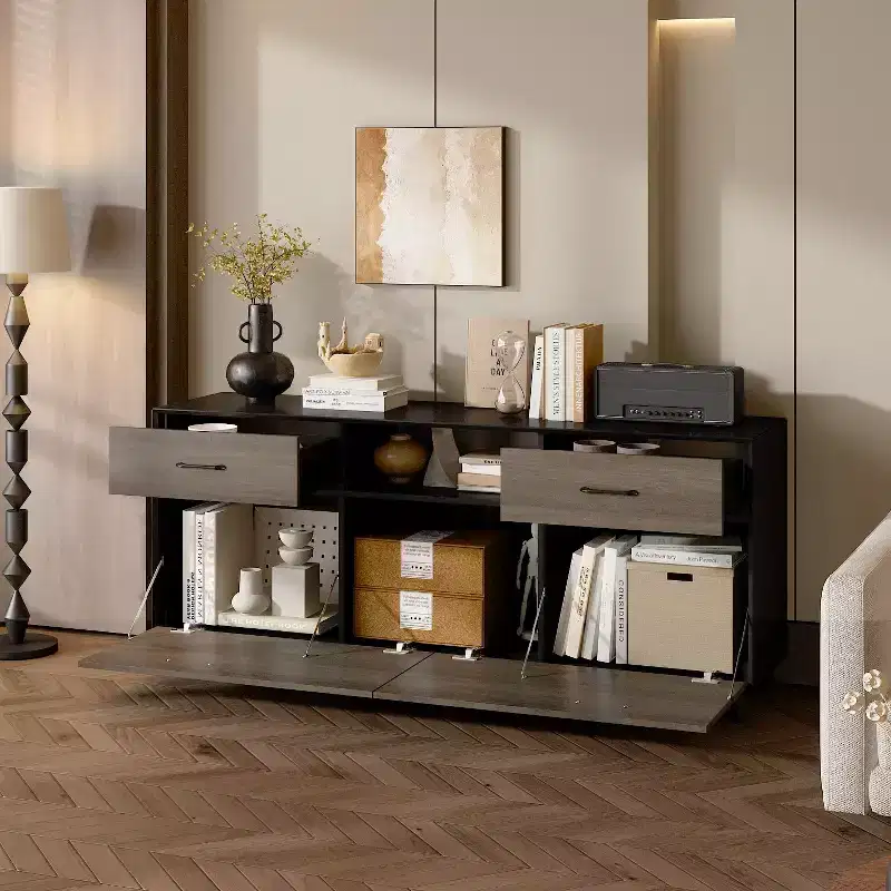 2 Door TV Stand, Flip Door Design, Gray Modern Style Living Room Side Table