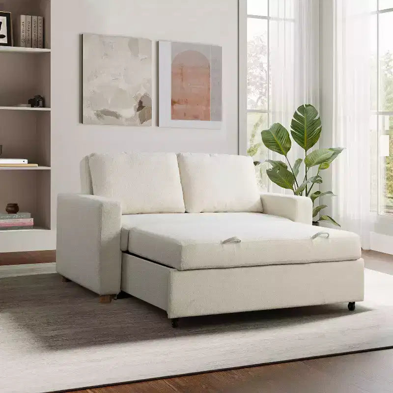 Serta Aurora Convertible Sofa Ivory Boucle: Lounger & Full Bed, Pocket Coils, Rubberwood Legs