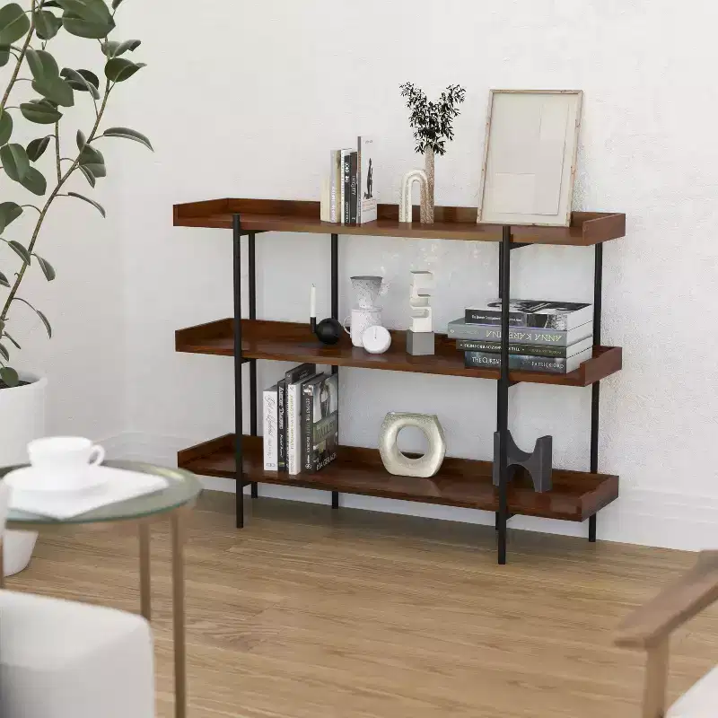 Industrial Style Rustic Brown 3-Tiered Shelving Unit With Black Metal Frame and Raised Border - 35H