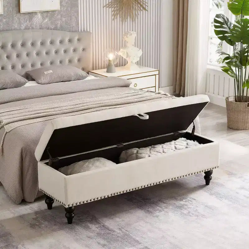 TUYOHW 59IN Storage Ottoman with Tufted Surface and Nail Trims Decoration, Foot Stools Ottoman with Storage, End Of Bed Bench for Bedroom, Beige