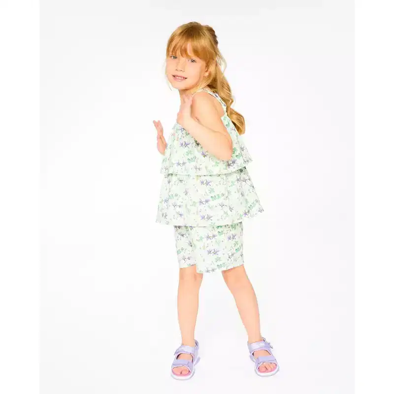 Deux par Deux Girl Jersey Romper with Tiers Green Printed Flowers