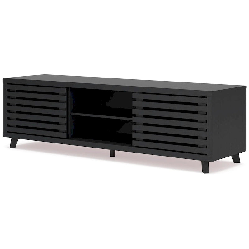 72-Inch Black TV Media Console | 4 Adjustable Shelves | 2 Sliding Doors | Matte Wood Grain Finish | MDF
