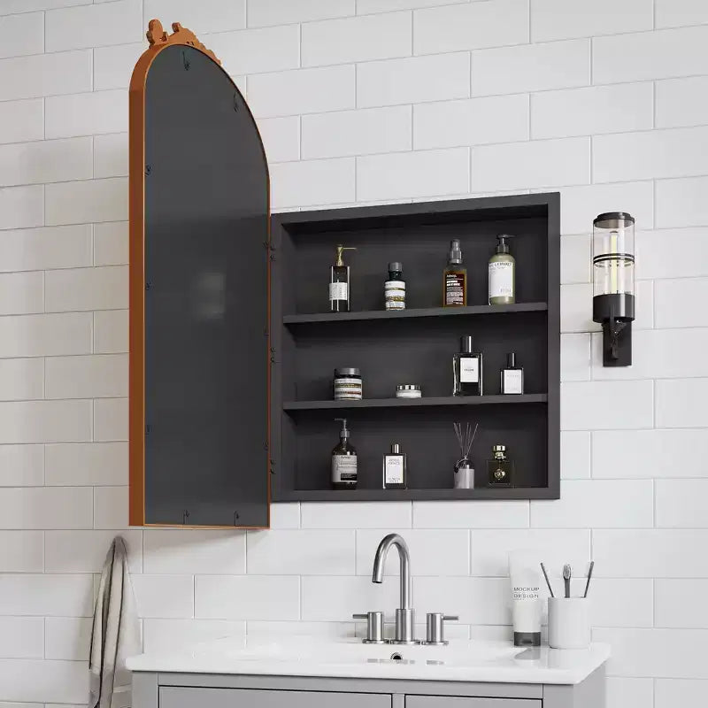 PexFix 30 x 19.7 Vintage Bathroom Medicine Cabinet Metal Carved Wall-Mounted Decorative Vanity Mirror with Storage in Golden