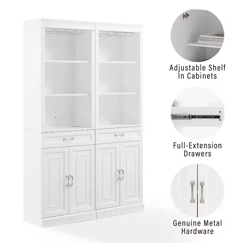 Crosley 78 Stanton 2pc Bar Cabinet Set White: Traditional Farmhouse Style with Adjustable Shelves, Stemware Racks