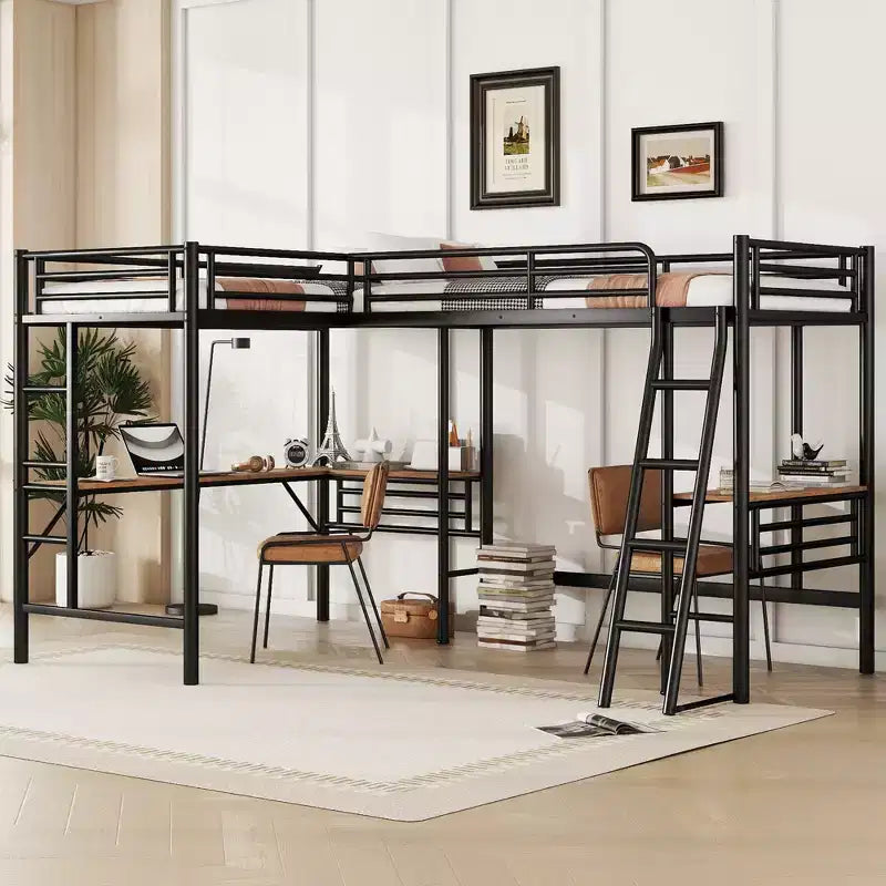 Clihome Twin Size Metal Loft Bed with Two Built-in Desks