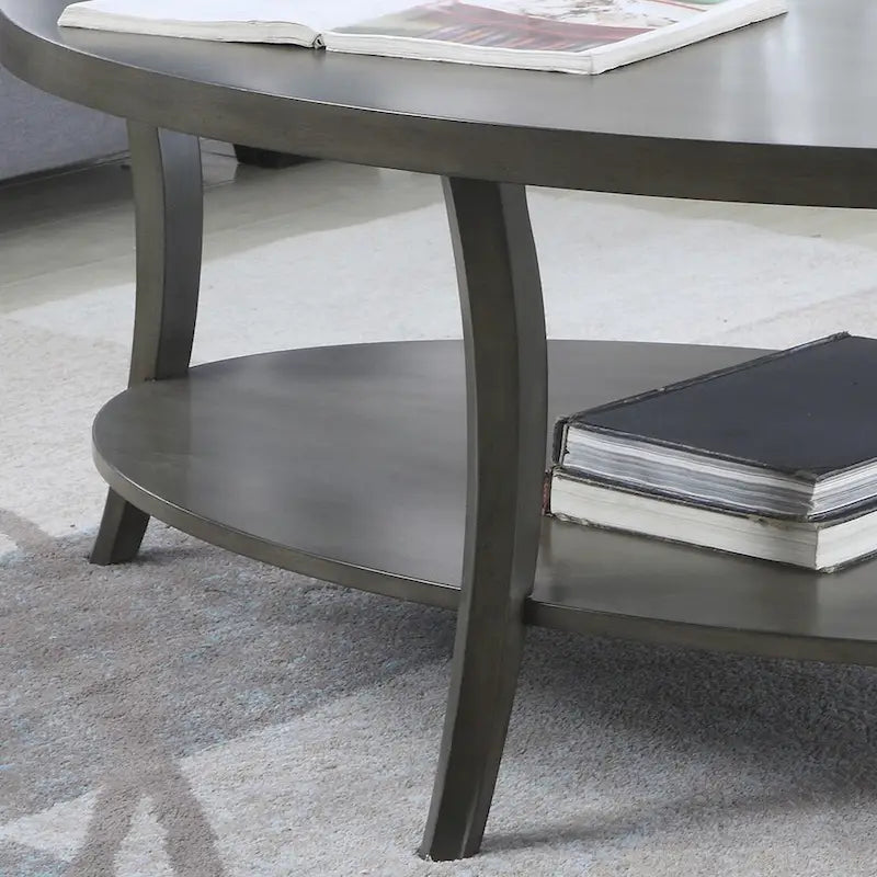 Oval Birch Wood Veneer Coffee Table with Lower Shelf