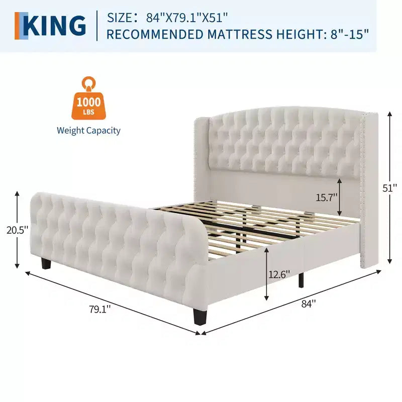 Soft fabric platform bed frame  buttoned tufted wing back, rivet embellishment, 1000 lb load capacity, quiet, easy to assemble.