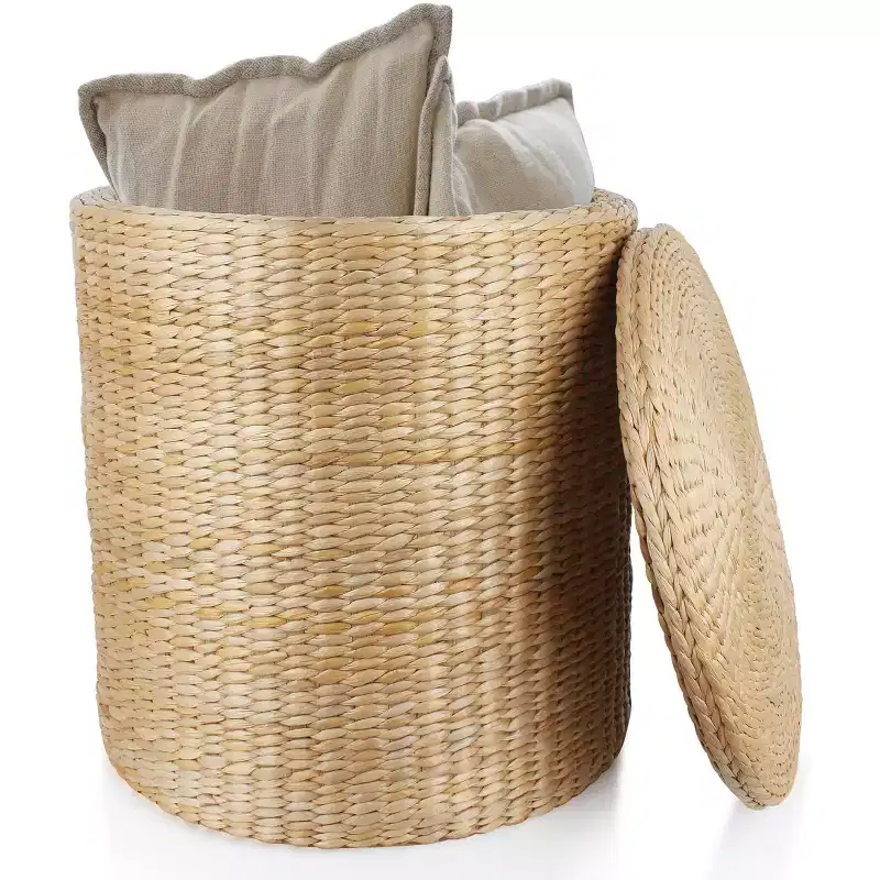 16 Inch Round Storage Ottoman Handwoven Water Hyacinth with Removable Lid Fabric Liner 660 lb Capacity Footstool Side Table Multipurpose