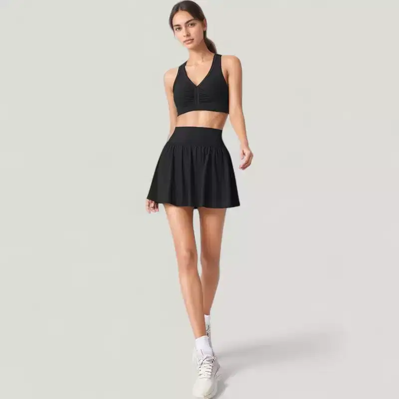 Anna-Kaci Women's Pleated Athletic Skirt and Ruched Sports Bra Set with Wide Waistband and Stretch Fit